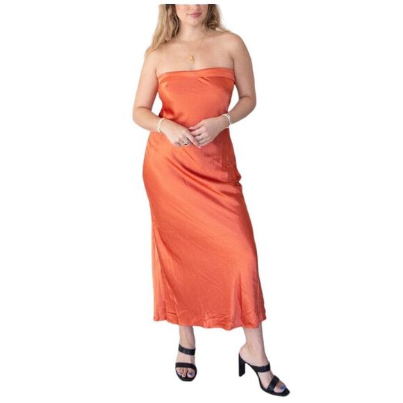 Formal Melon Orange Strapless Empire Waist Mid Length Cocktail Evening Dress - Picture 2 of 9